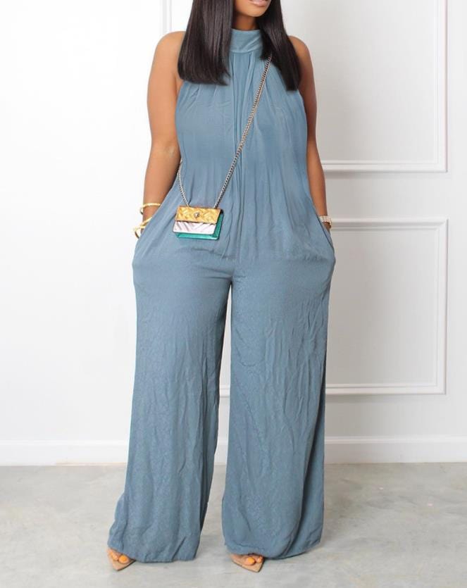 Women's Jumpsuit Sleeveless Pocket Detail Casual Stand Collar Plain Wide Leg Daily Long Jumpsuit 2022 Summer Latest Fashion