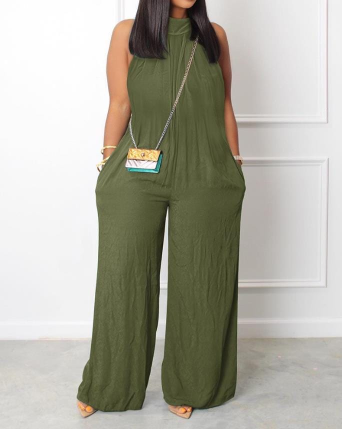 Women's Jumpsuit Sleeveless Pocket Detail Casual Stand Collar Plain Wide Leg Daily Long Jumpsuit 2022 Summer Latest Fashion