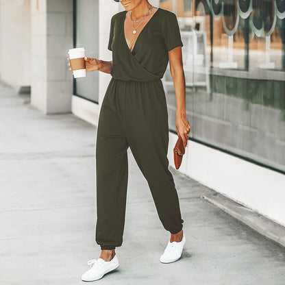 MISS PETAL V-neck Short Sleeve Jumpsuit For Woman Casual Long Jogger Pants Playsuit 2023 Summer Overalls Bodysuits Rompers