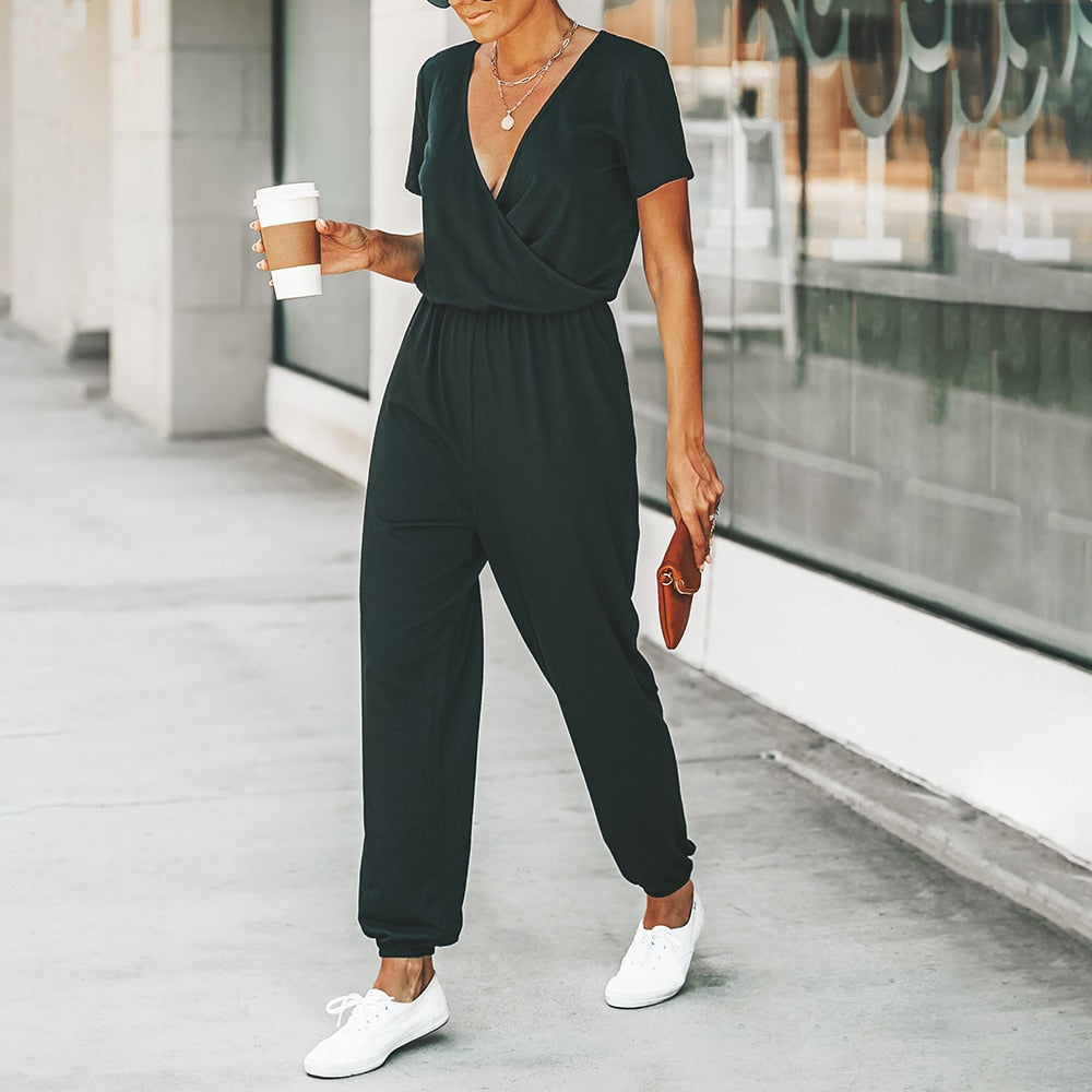 MISS PETAL V-neck Short Sleeve Jumpsuit For Woman Casual Long Jogger Pants Playsuit 2023 Summer Overalls Bodysuits Rompers