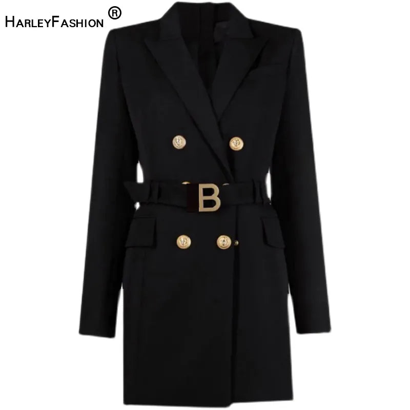 Women’s Full Sleeve Double Breasted Blazer Dress with Belt and Luxury Buttons