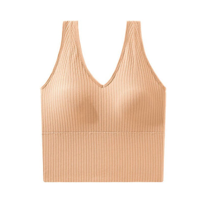 One-Piece Seamless Crop Top Women Underwear Wire-Free U-Shaped Camisole Wide Straps Striped Solid Bralette Lingerie Tube Tops