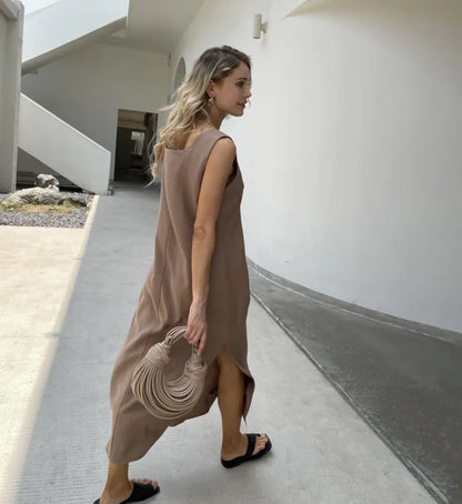 Women’s Square Neck Sleeveless Beach Wear Tank Dress with Side Slits
