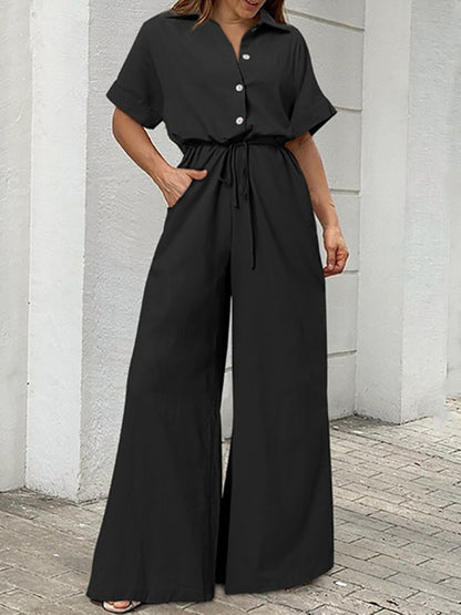 Summer Women Camouflage Print Playsuit Fashion Ladies Wide Leg Romper Overalls Casual Waisted Drawstring Lace-up Shirt Jumpsuits