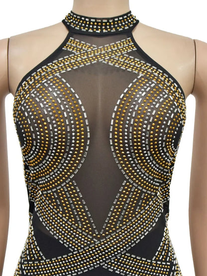 Women's Rhinestones Sheer Bodycon Long Maxi Dress