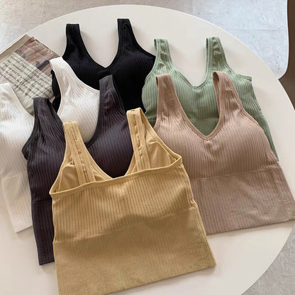 One-Piece Seamless Crop Top Women Underwear Wire-Free U-Shaped Camisole Wide Straps Striped Solid Bralette Lingerie Tube Tops