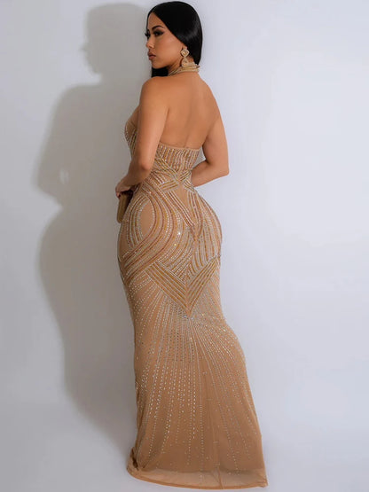 Women's Rhinestones Sheer Bodycon Long Maxi Dress