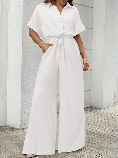 Summer Women Camouflage Print Playsuit Fashion Ladies Wide Leg Romper Overalls Casual Waisted Drawstring Lace-up Shirt Jumpsuits