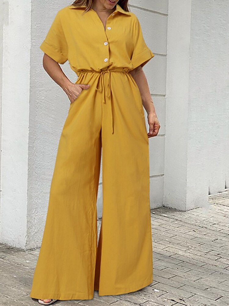 Summer Women Camouflage Print Playsuit Fashion Ladies Wide Leg Romper Overalls Casual Waisted Drawstring Lace-up Shirt Jumpsuits