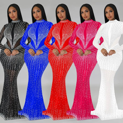 Women's Rhinestones Solid Bodycon Long Maxi Dress