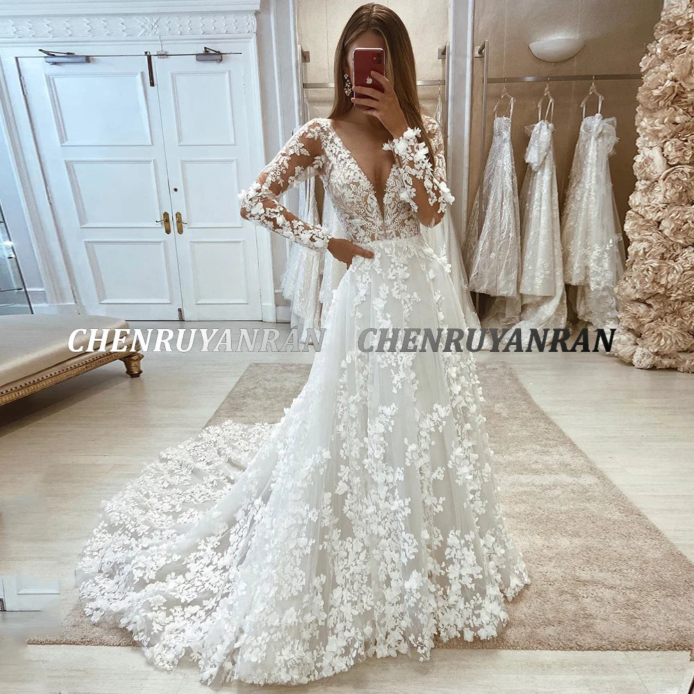 Deep V Neck Full Sleeves Designer Wedding Dress with Floral Work