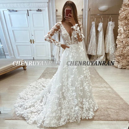 Deep V Neck Full Sleeves Designer Wedding Dress with Floral Work