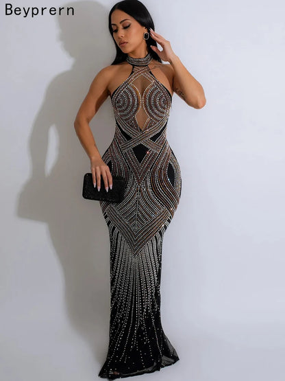 Women's Rhinestones Sheer Bodycon Long Maxi Dress
