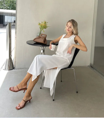 Women’s Square Neck Sleeveless Beach Wear Tank Dress with Side Slits