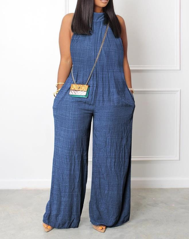 Women's Jumpsuit Sleeveless Pocket Detail Casual Stand Collar Plain Wide Leg Daily Long Jumpsuit 2022 Summer Latest Fashion