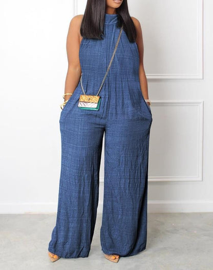 Women's Jumpsuit Sleeveless Pocket Detail Casual Stand Collar Plain Wide Leg Daily Long Jumpsuit 2022 Summer Latest Fashion