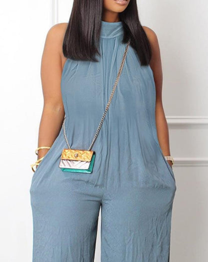 Women's Jumpsuit Sleeveless Pocket Detail Casual Stand Collar Plain Wide Leg Daily Long Jumpsuit 2022 Summer Latest Fashion