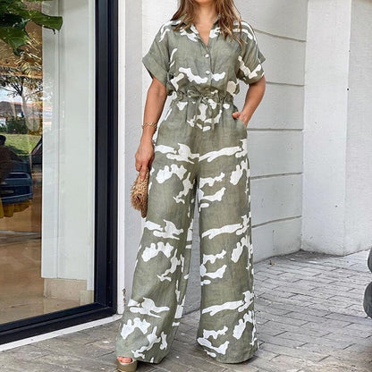 Summer Women Camouflage Print Playsuit Fashion Ladies Wide Leg Romper Overalls Casual Waisted Drawstring Lace-up Shirt Jumpsuits