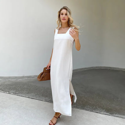 Women’s Square Neck Sleeveless Beach Wear Tank Dress with Side Slits