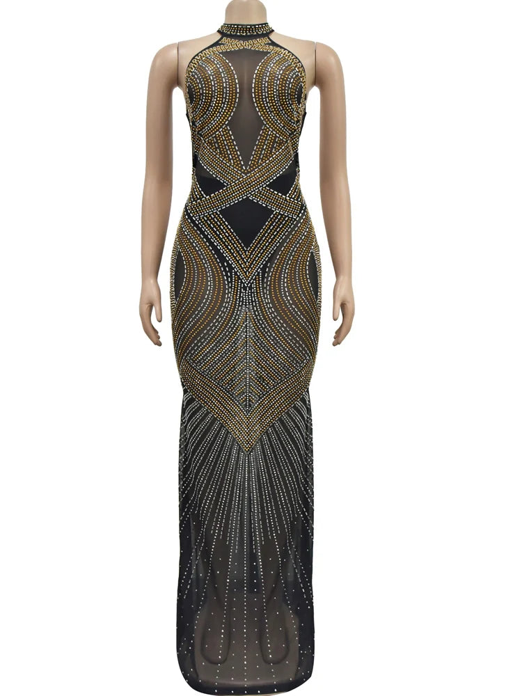 Women's Rhinestones Sheer Bodycon Long Maxi Dress