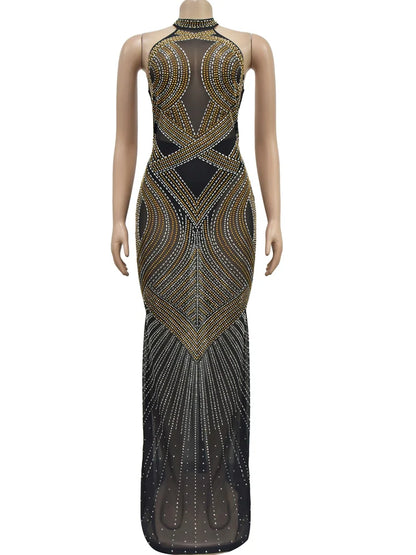 Women's Rhinestones Sheer Bodycon Long Maxi Dress