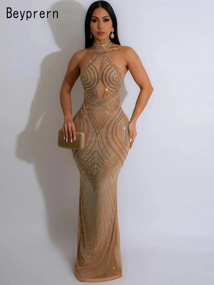 Women's Rhinestones Sheer Bodycon Long Maxi Dress