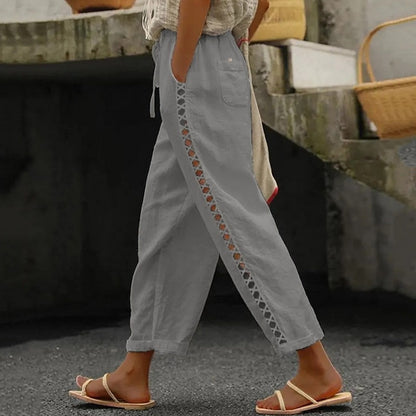 Casual Women Cotton Linen Pants Vintage Lace Stitching Hollow Loose Trousers Fashion Solid Pocket Female Harem Pants Streetwear