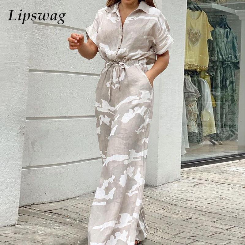Summer Women Camouflage Print Playsuit Fashion Ladies Wide Leg Romper Overalls Casual Waisted Drawstring Lace-up Shirt Jumpsuits