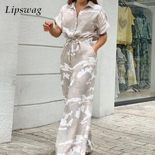 Summer Women Camouflage Print Playsuit Fashion Ladies Wide Leg Romper Overalls Casual Waisted Drawstring Lace-up Shirt Jumpsuits