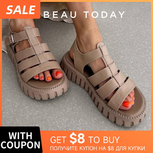 BeauToday Platform Sandals Women Open Toe Slingback Ankle Buckle Strap Genuine Leather Casual Outdoor Summer Female Shoes 38201