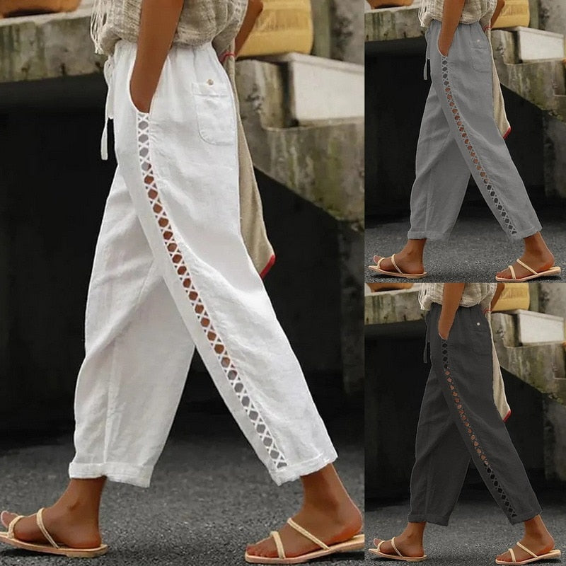 Casual Women Cotton Linen Pants Vintage Lace Stitching Hollow Loose Trousers Fashion Solid Pocket Female Harem Pants Streetwear